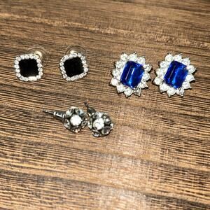 3 Pairs Pierced Rhinestone Earrings Costume Jewelry